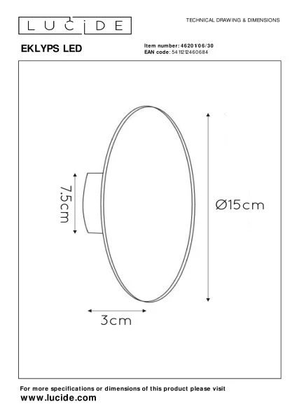 Lucide EKLYPS LED - Applique murale - Ø 15 cm - LED - 1x7W 3000K - Noir - technique